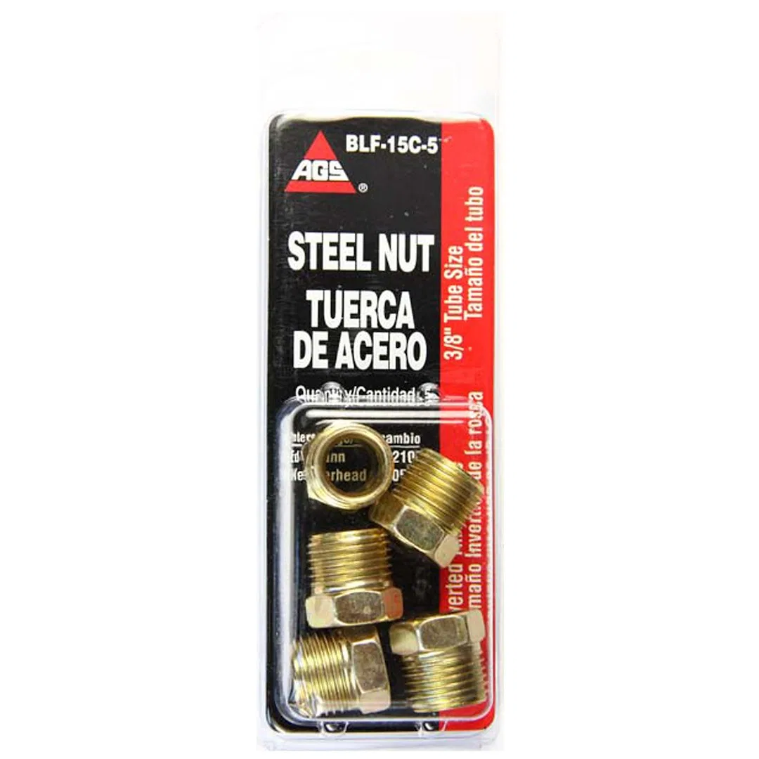 BLF-15C-5 – AGS Tube End Fitting Nut, 3/8 Inch Tube Size 5/8-18 Inverted Flare Natural Steel 5 Per Card